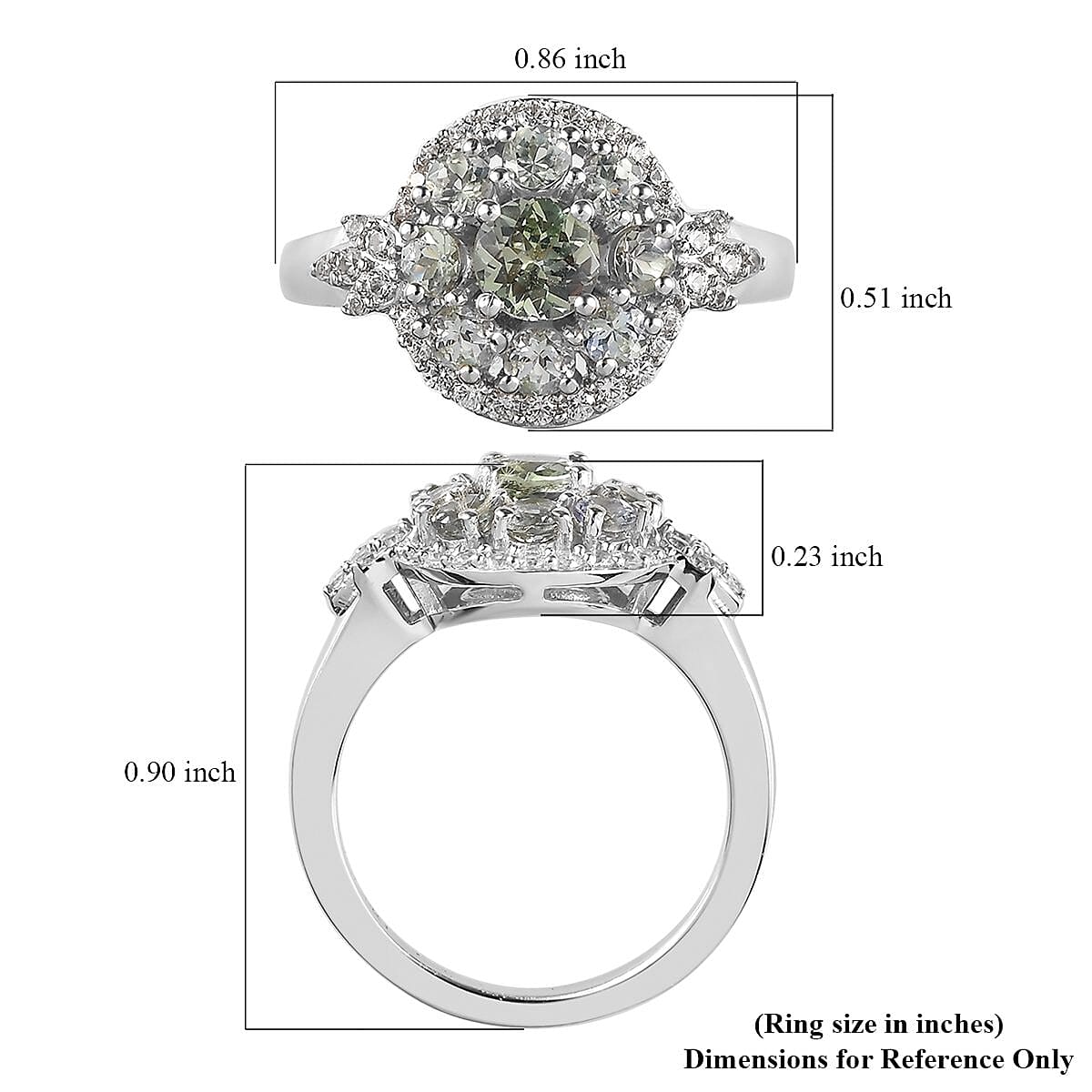 Green Tanzanite and Natural White Zircon Floral Ring in Platinum Over Sterling Silver (Size 6.0) 1.60 ctw image number 5