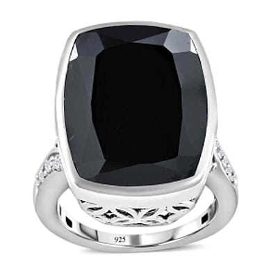 Thai Black Spinel and White Zircon  White Zirconhite White Zircon 23.55 ctw Ring in Platinum Over Sterling Silver (Size 6.5)