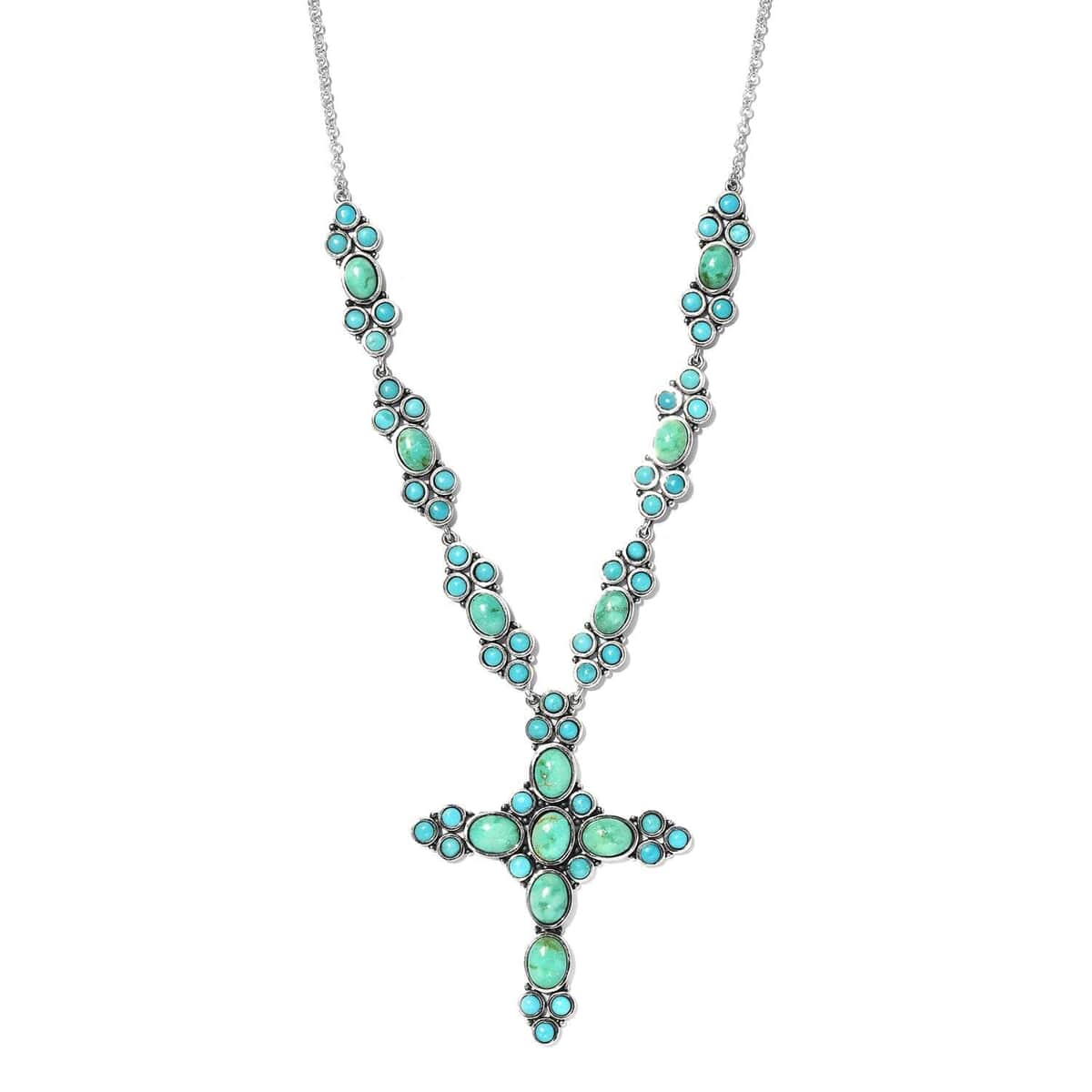 Artisan Crafted Sonoran Gold Turquoise and Mexican Turquoise Cross Necklace 18 Inches in Sterling Silver 20.25 ctw image number 0