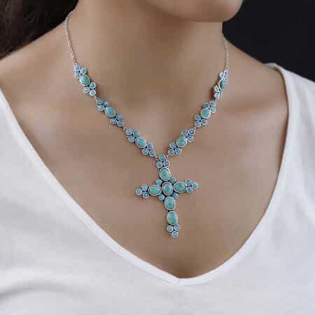 Artisan Crafted Sonoran Gold Turquoise and Mexican Turquoise Cross Necklace 18 Inches in Sterling Silver 20.25 ctw image number 2
