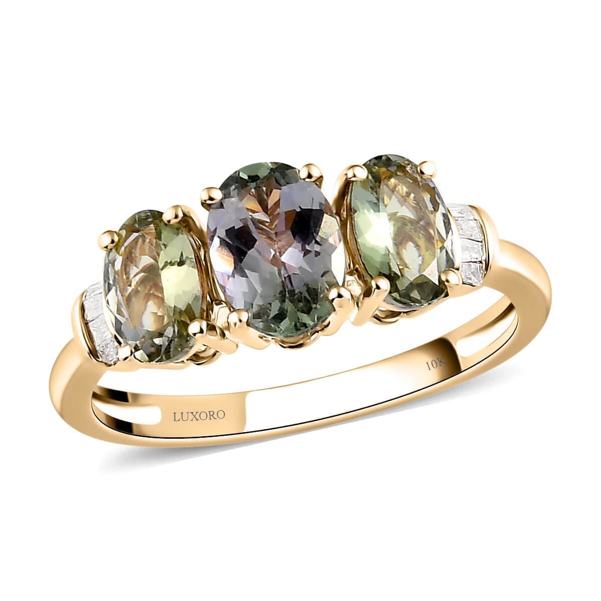 Luxoro 10K Yellow Gold Premium Green Tanzanite and G-H I3 Diamond Trilogy Ring (Size 6.0) 2.00 ctw image number 0