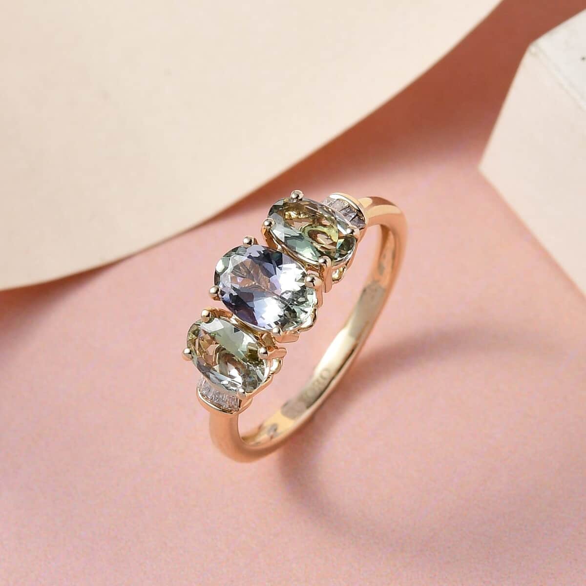 Luxoro 10K Yellow Gold Premium Green Tanzanite and G-H I3 Diamond Trilogy Ring (Size 6.0) 2.00 ctw image number 1