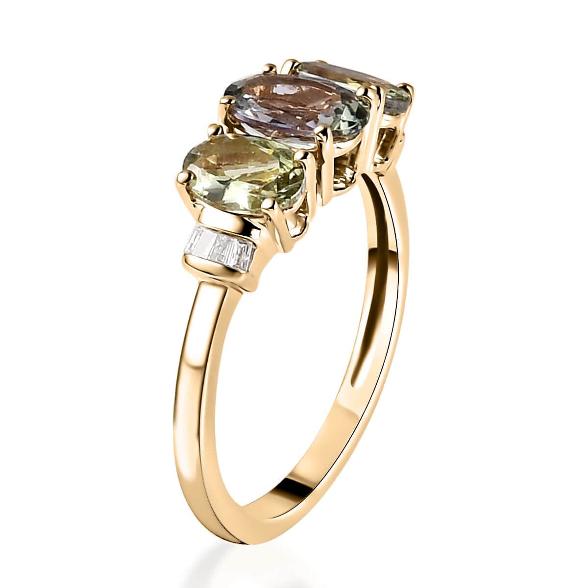 Luxoro 10K Yellow Gold Premium Green Tanzanite and G-H I3 Diamond Trilogy Ring (Size 6.0) 2.00 ctw image number 3