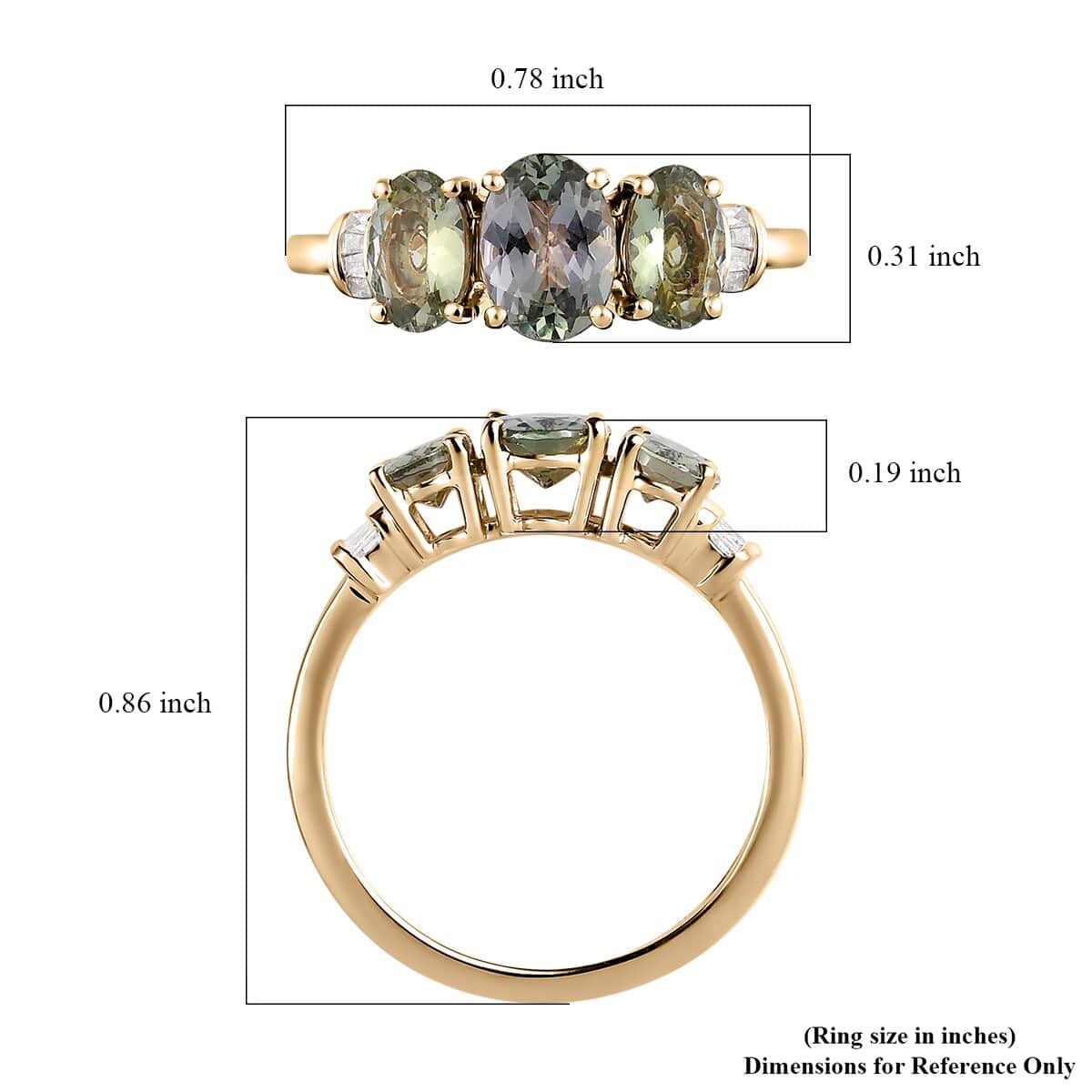 Luxoro 10K Yellow Gold Premium Green Tanzanite and G-H I3 Diamond Trilogy Ring (Size 6.0) 2.00 ctw image number 5