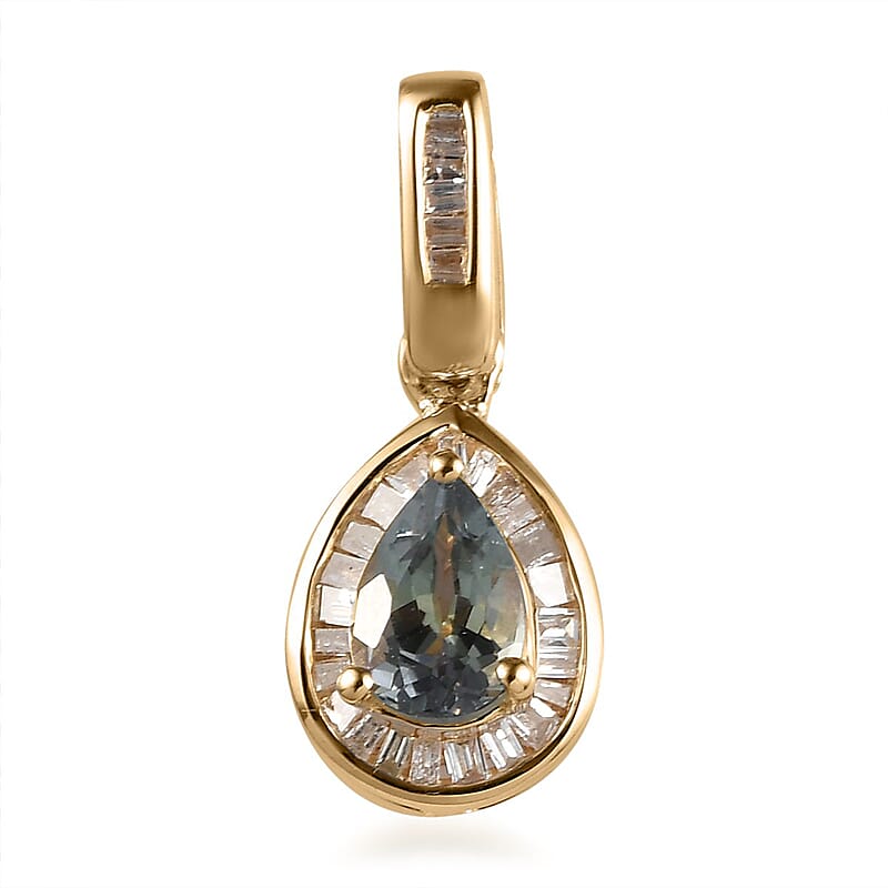 Luxoro 10K Yellow Gold Premium Green Tanzanite and G-H I3 Diamond Halo Pendant 0.65 ctw