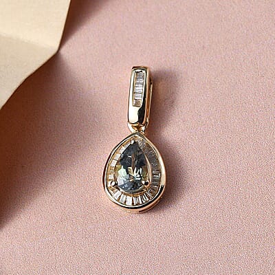 Luxoro 10K Yellow Gold Premium Green Tanzanite and G-H I3 Diamond Halo Pendant 0.65 ctw