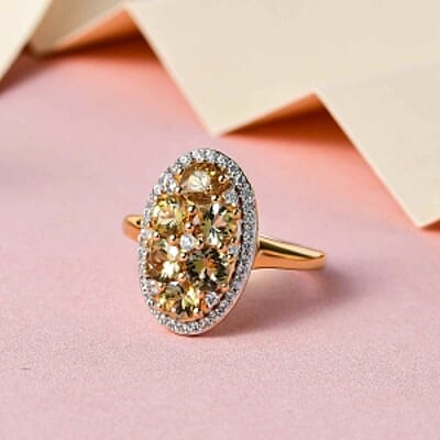 Natural Golden Tanzanite and White Zircon  2.29 ctw Ring in Vermeil Yellow Gold Over Sterling Silver (Size 11.5)