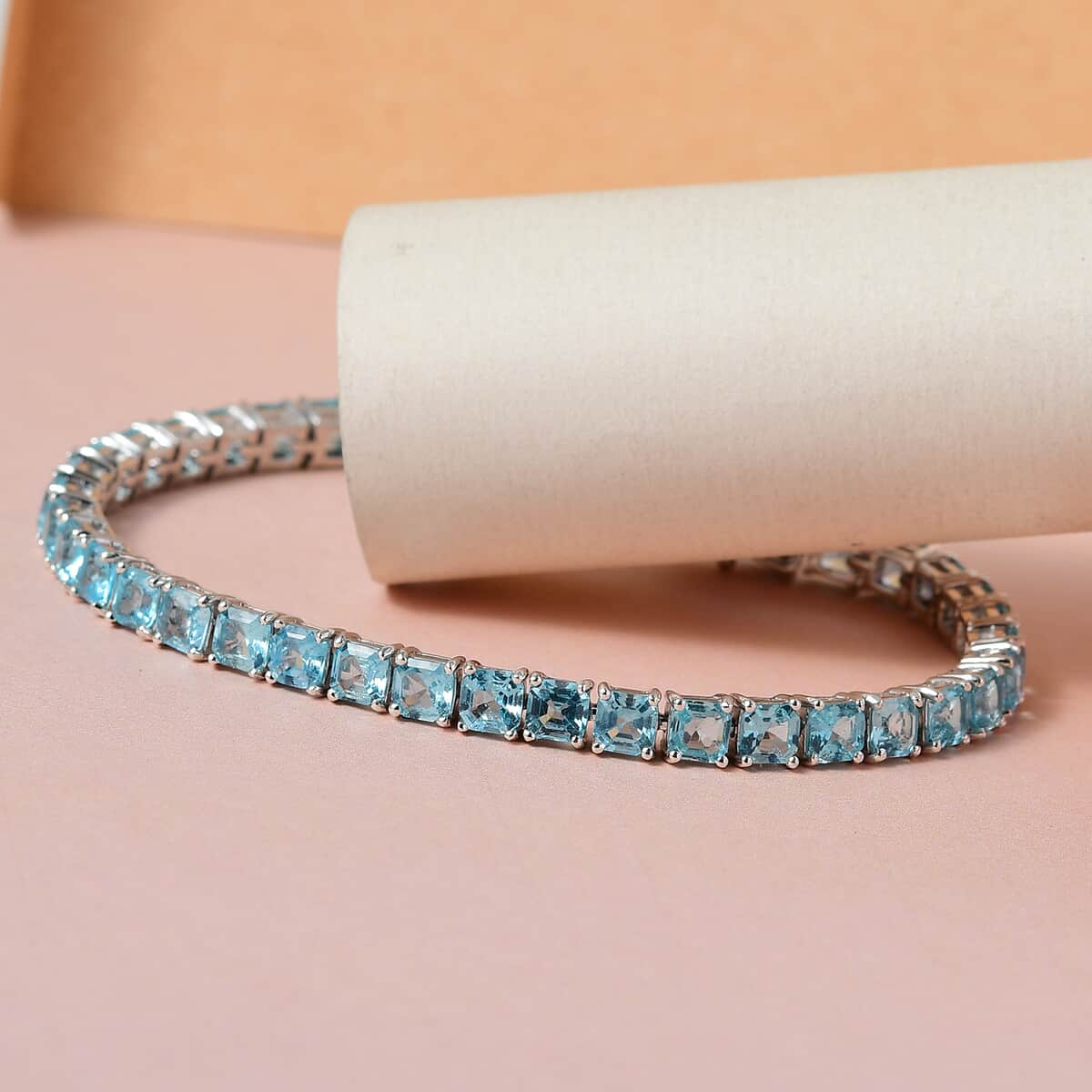 Asscher Cut Madagascar Paraiba Apatite Tennis Bracelet in Platinum Over Sterling Silver (8.00 In) 12.50 Grams 14.15 ctw image number 1