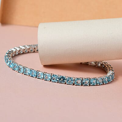 Asscher Cut Madagascar Paraiba Apatite Tennis Bracelet in Platinum Over Sterling Silver (7.25 In) 12.75 ctw