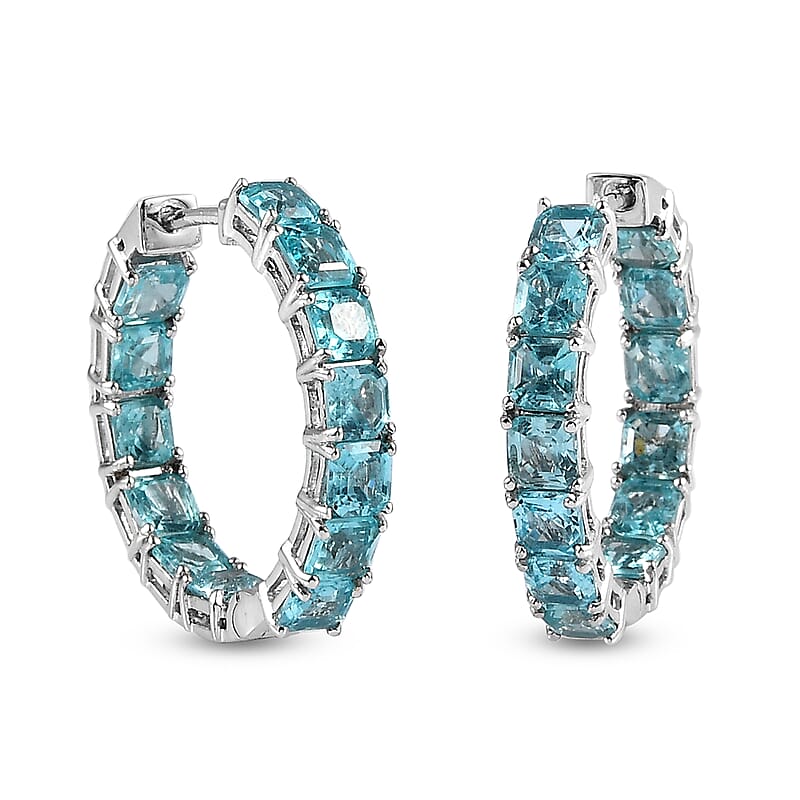 Asscher Cut Madagascar Paraiba Apatite Hoop Earrings in Platinum Over Sterling Silver 8.25 ctw