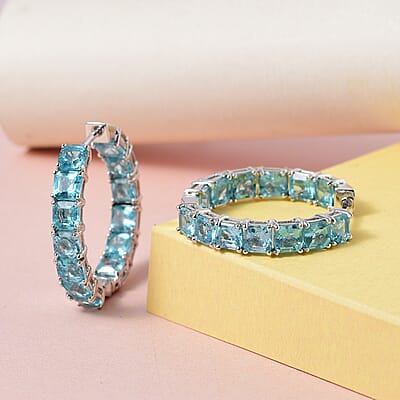 Asscher Cut Madagascar Paraiba Apatite Hoop Earrings in Platinum Over Sterling Silver 8.25 ctw