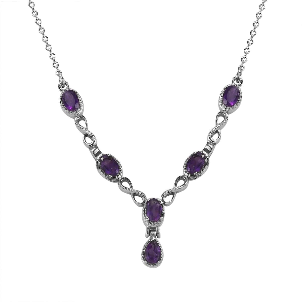 Amethyst Station Necklace 18 Inches in Stainless Steel 2.50 ctw image number 0