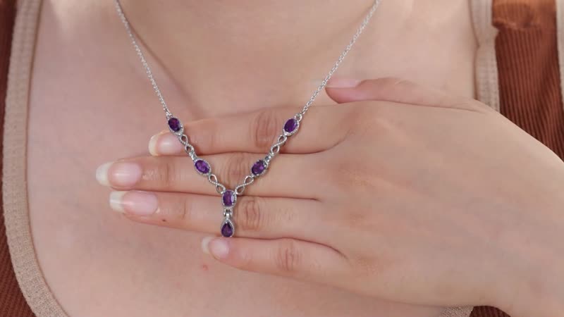Amethyst Station Necklace 18 Inches in Stainless Steel 2.65 ctw