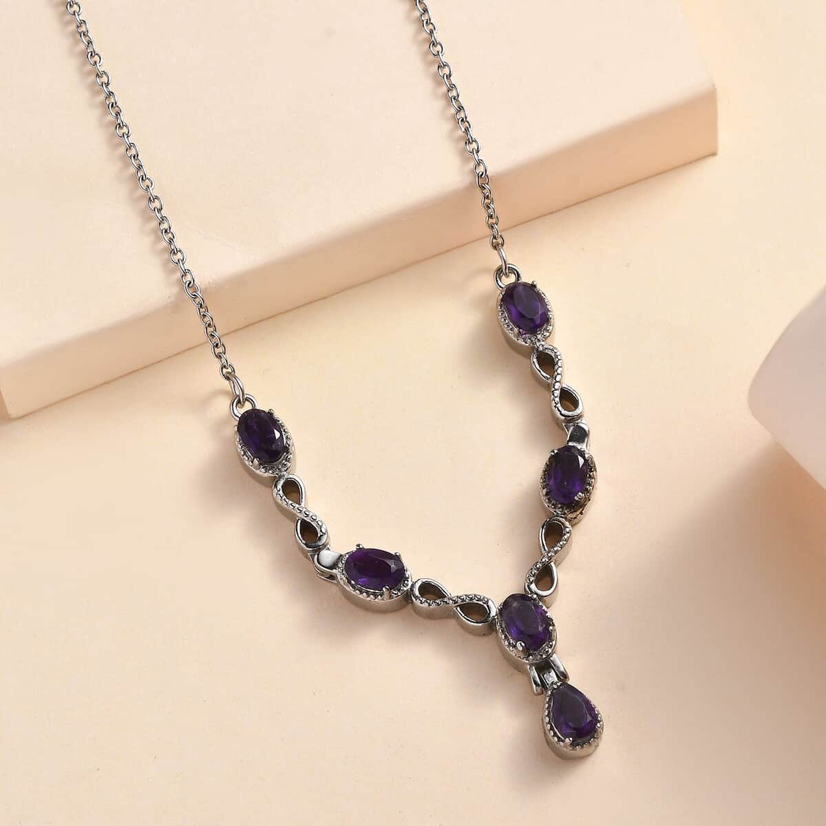 Amethyst Station Necklace 18 Inches in Stainless Steel 2.50 ctw image number 1