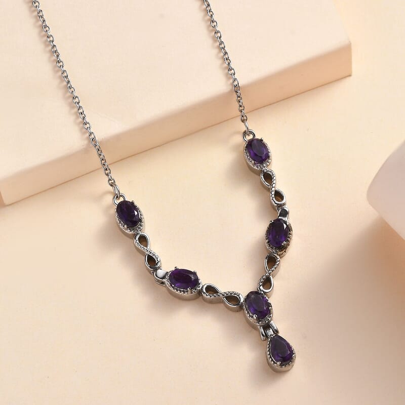 Amethyst Station Necklace 18 Inches in Stainless Steel 2.50 ctw