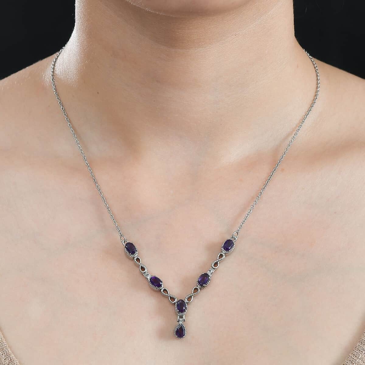 Amethyst Station Necklace 18 Inches in Stainless Steel 2.50 ctw image number 2