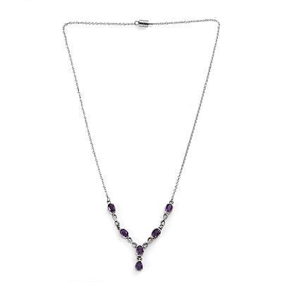 Amethyst Station Necklace 18 Inches in Stainless Steel 2.50 ctw