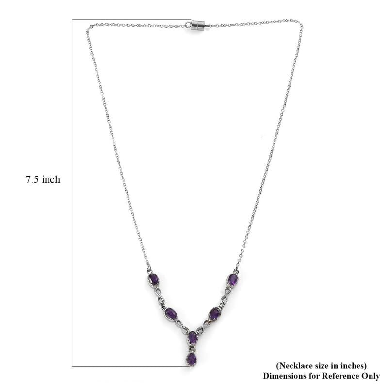 Amethyst Station Necklace 18 Inches in Stainless Steel 2.50 ctw