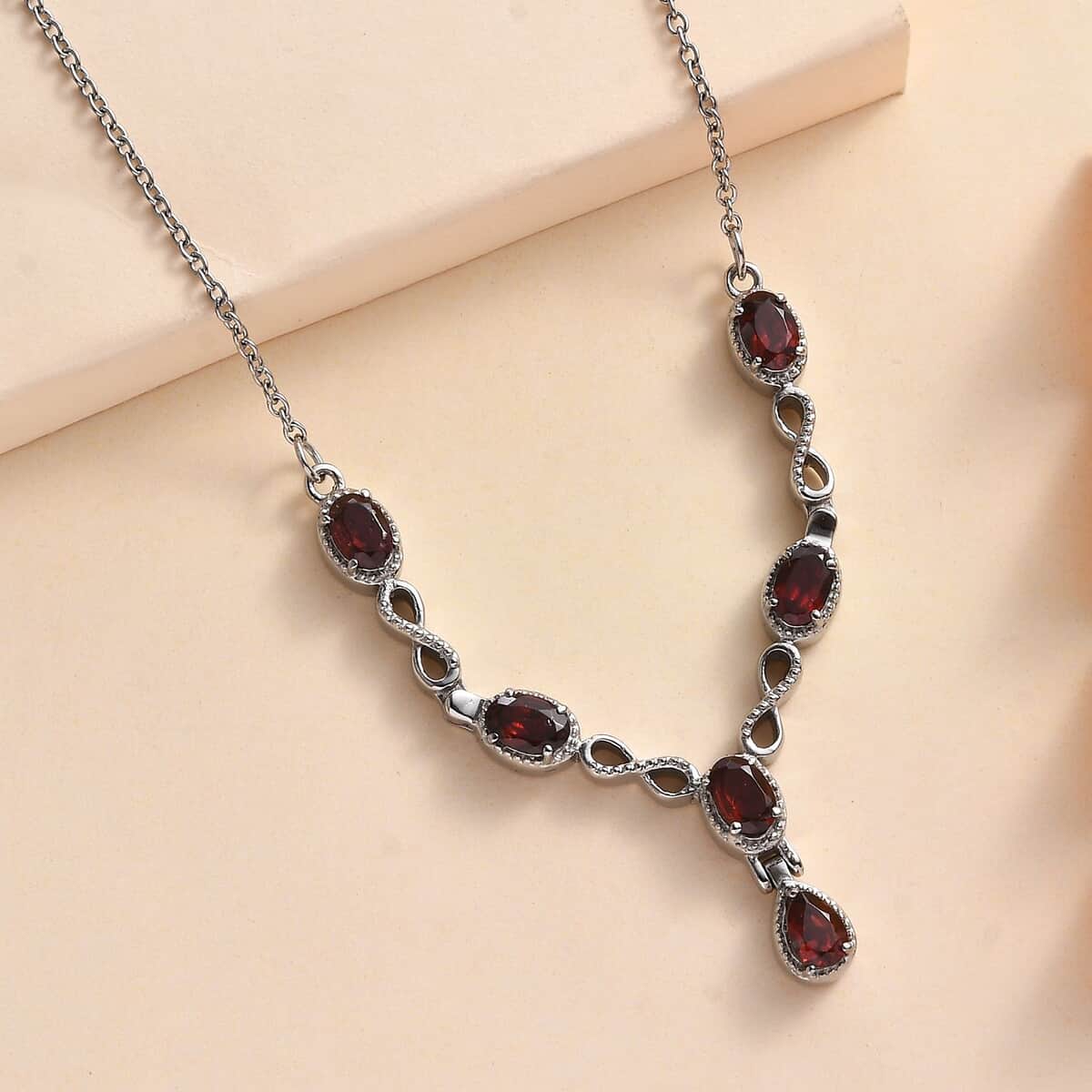 Mozambique Garnet Station Necklace 18 Inches in Stainless Steel 2.80 ctw image number 1