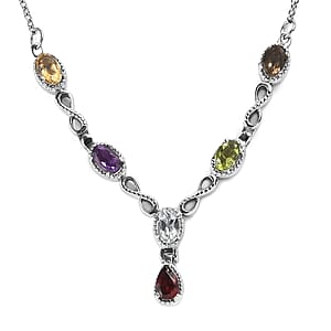 Multi Gemstone Station Necklace 18 Inches in Stainless Steel 2.90 ctw | Tarnish-Free, Waterproof, Sweat Proof Jewelry