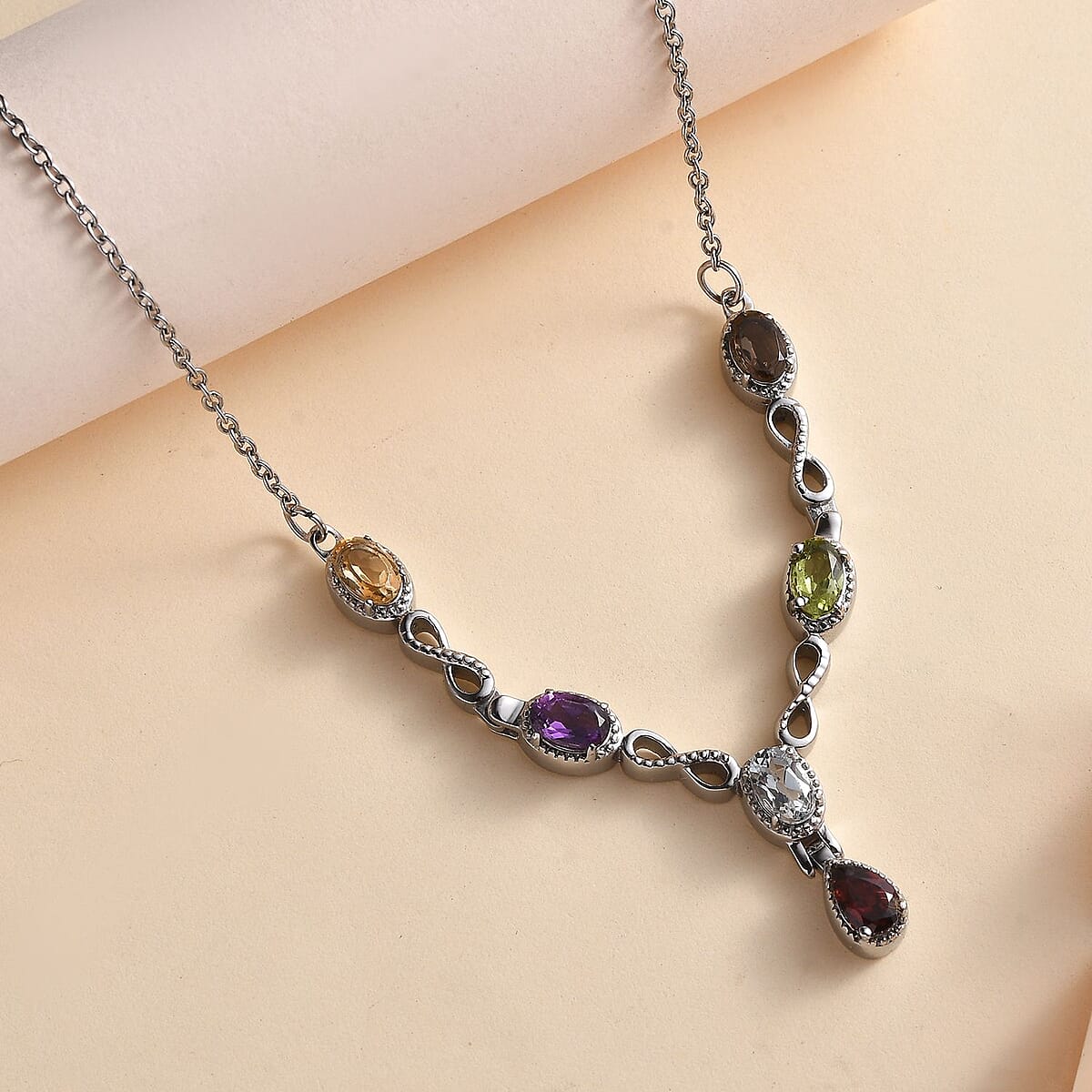 Multi Gemstone Station Necklace 18 Inches in Stainless Steel 2.90 ctw | Tarnish-Free, Waterproof, Sweat Proof Jewelry image number 1