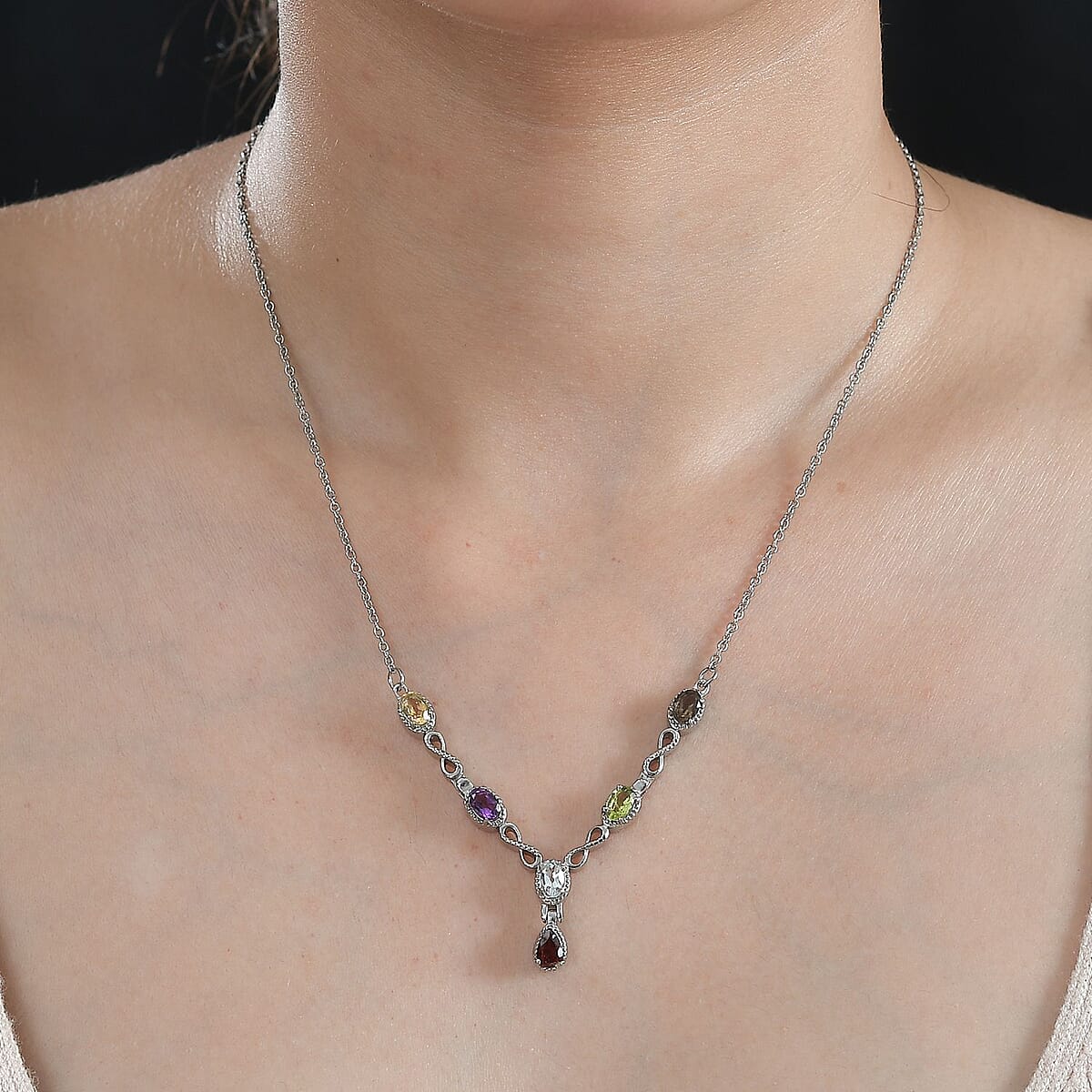 Multi Gemstone Station Necklace 18 Inches in Stainless Steel 2.90 ctw | Tarnish-Free, Waterproof, Sweat Proof Jewelry image number 2