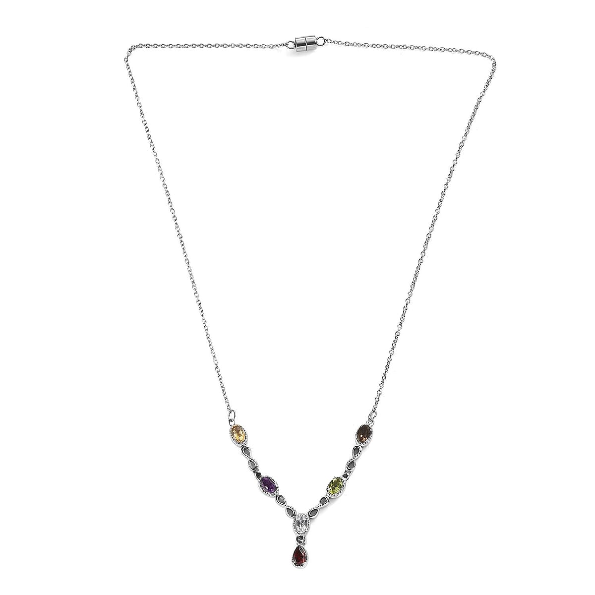 Multi Gemstone Station Necklace 18 Inches in Stainless Steel 2.90 ctw | Tarnish-Free, Waterproof, Sweat Proof Jewelry image number 3