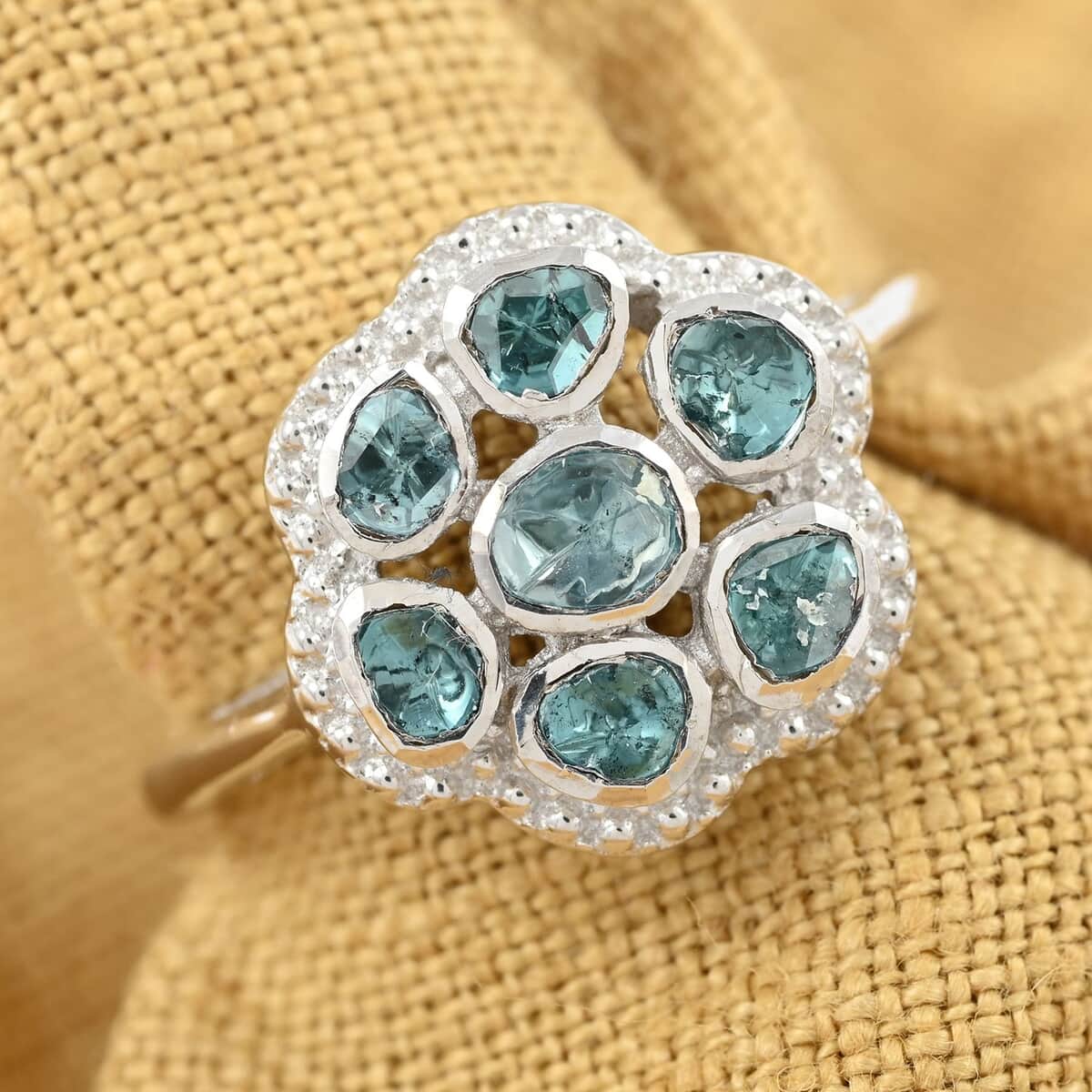 Doorbuster Blue Polki Diamond Flower Ring in Sterling Silver (Size 10.0) 0.50 ctw image number 1