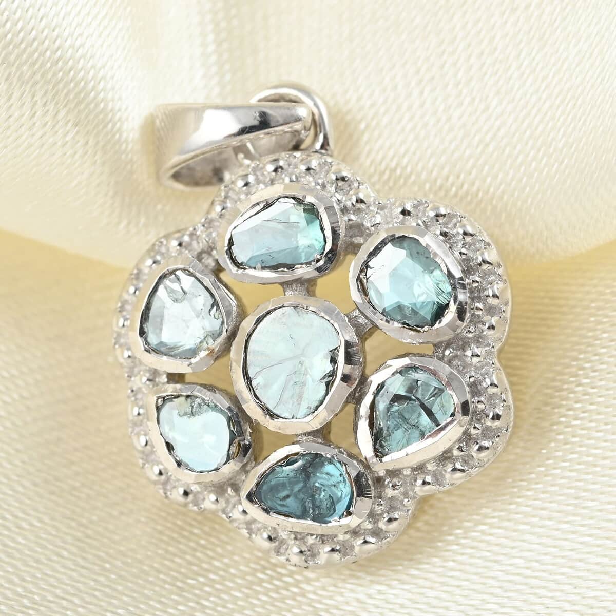 Blue Polki Diamond Flower Pendant in Sterling Silver 0.50 ctw image number 1