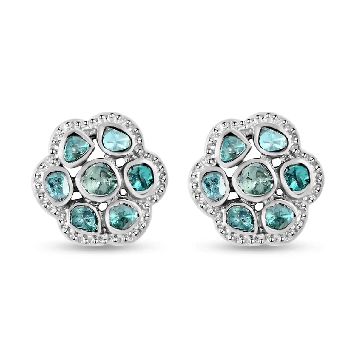 Blue Polki Diamond Flower Stud Earrings in Sterling Silver 0.50 ctw image number 0