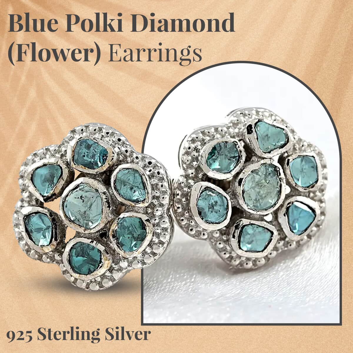 Blue Polki Diamond Flower Stud Earrings in Sterling Silver 0.50 ctw image number 1