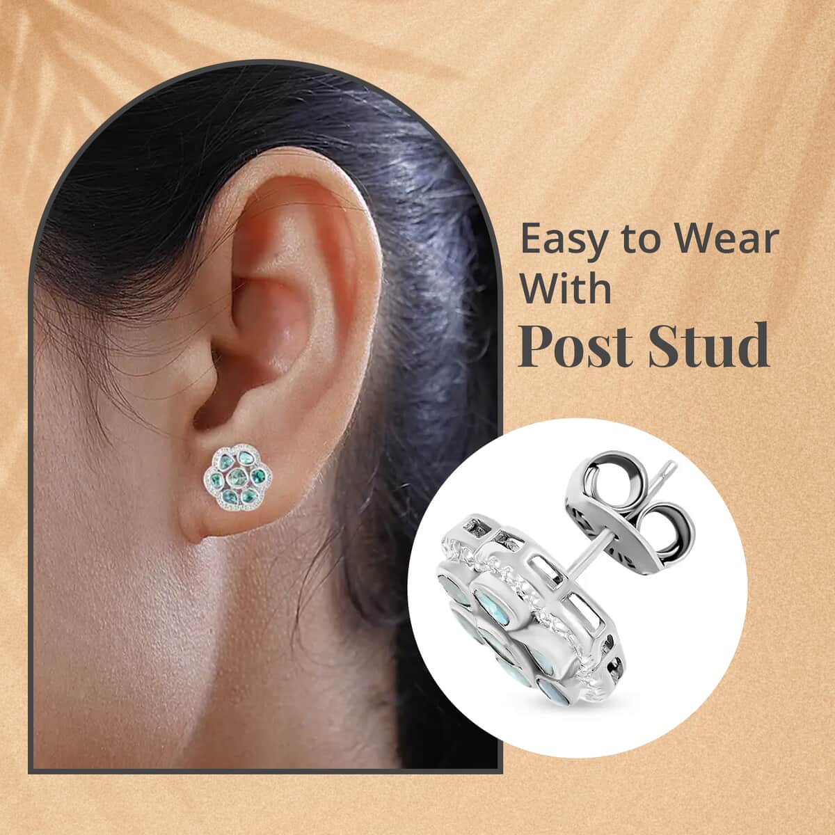 Blue Polki Diamond Flower Stud Earrings in Sterling Silver 0.50 ctw image number 2
