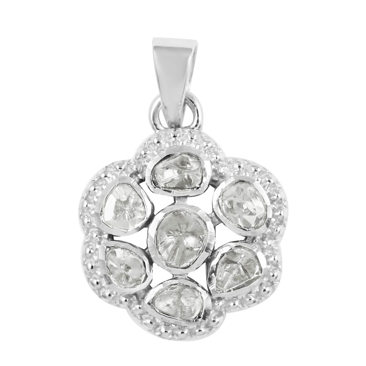 Polki Diamond Flower Pendant in Sterling Silver 0.50 ctw image number 0