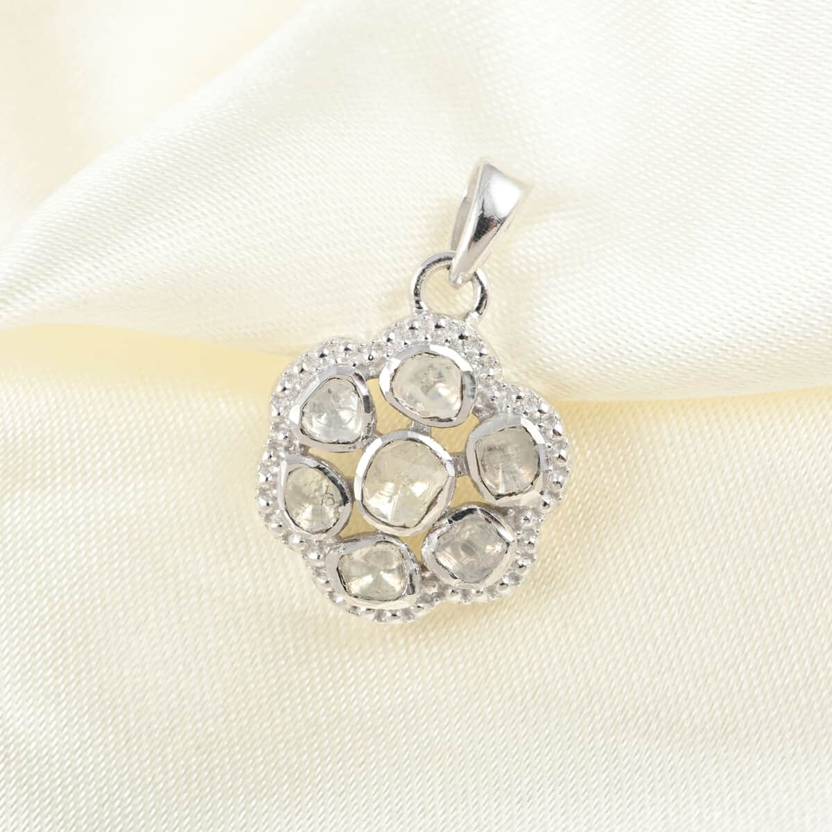 Polki Diamond Flower Pendant in Sterling Silver 0.50 ctw image number 1