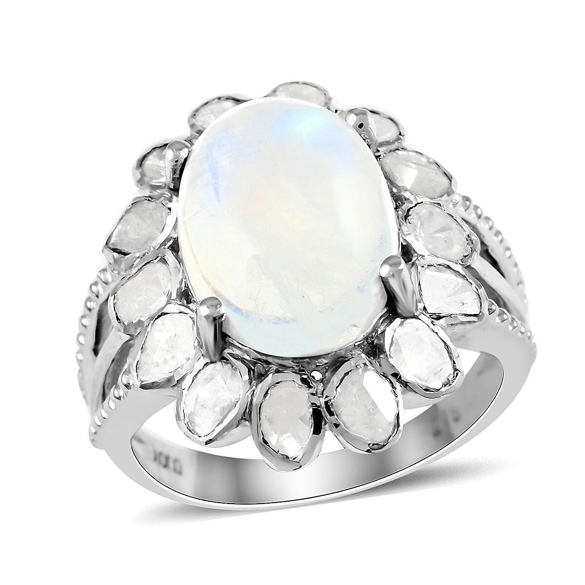 White Moonstone and Polki Diamond Flower Ring in Sterling Silver (Size 10.0) 7.10 Grams 8.30 ctw