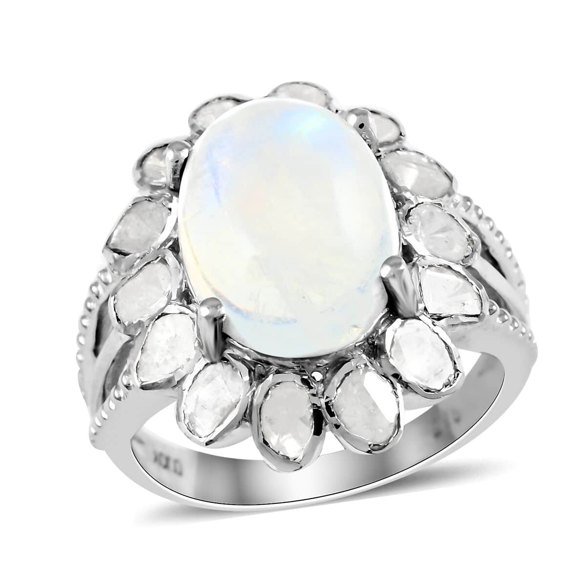 Doorbuster White Moonstone and Polki Diamond Flower Ring in Sterling Silver 7.10 Grams 8.30 ctw image number 0