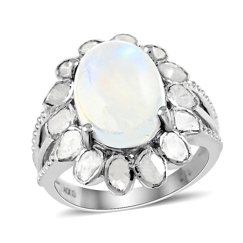 White Moonstone and Polki Diamond Flower Ring in Sterling Silver (Size 10.0) 7.10 Grams 8.30 ctw
