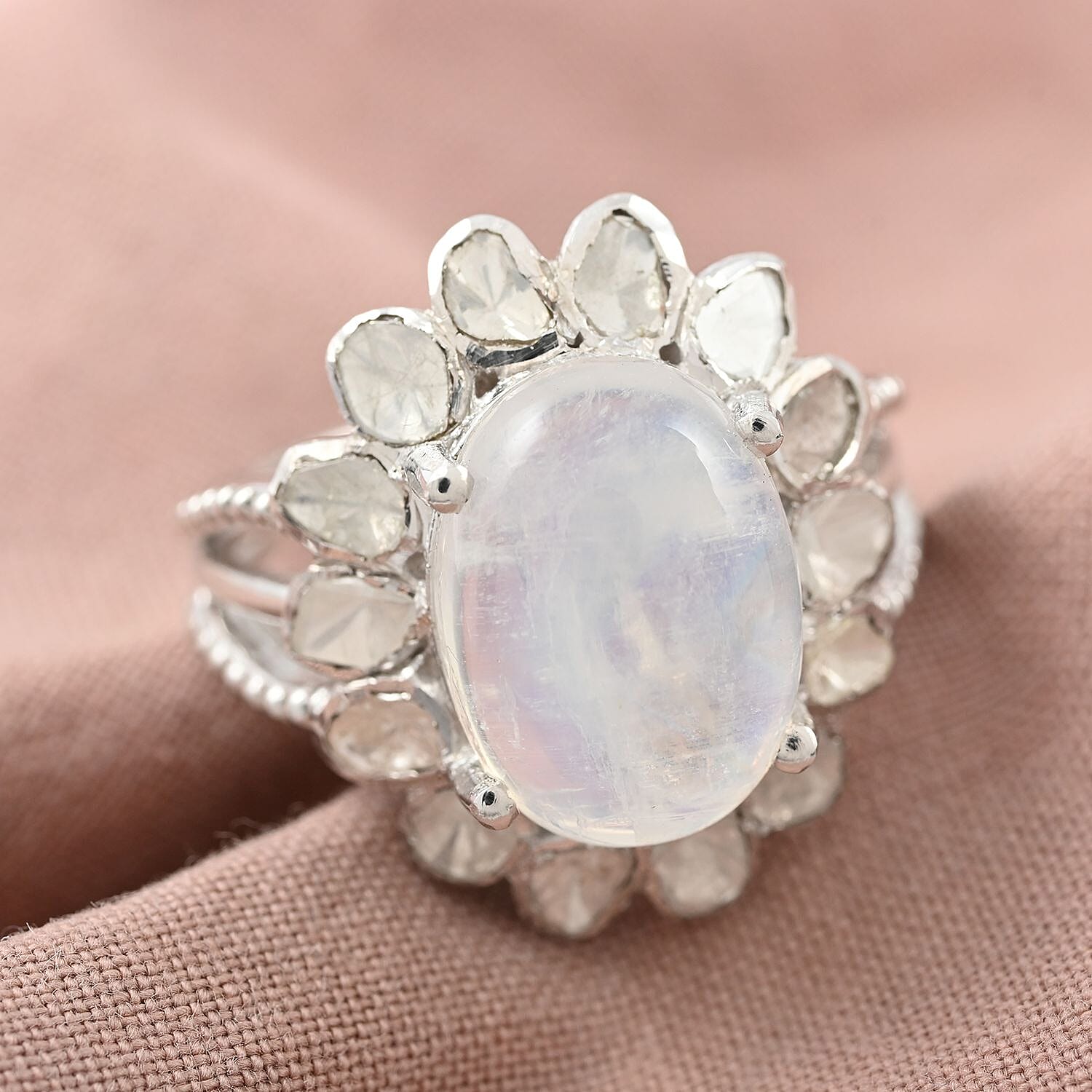 White Moonstone and Polki Diamond Flower Ring in Sterling Silver (Size 10.0) 7.10 Grams 8.30 ctw
