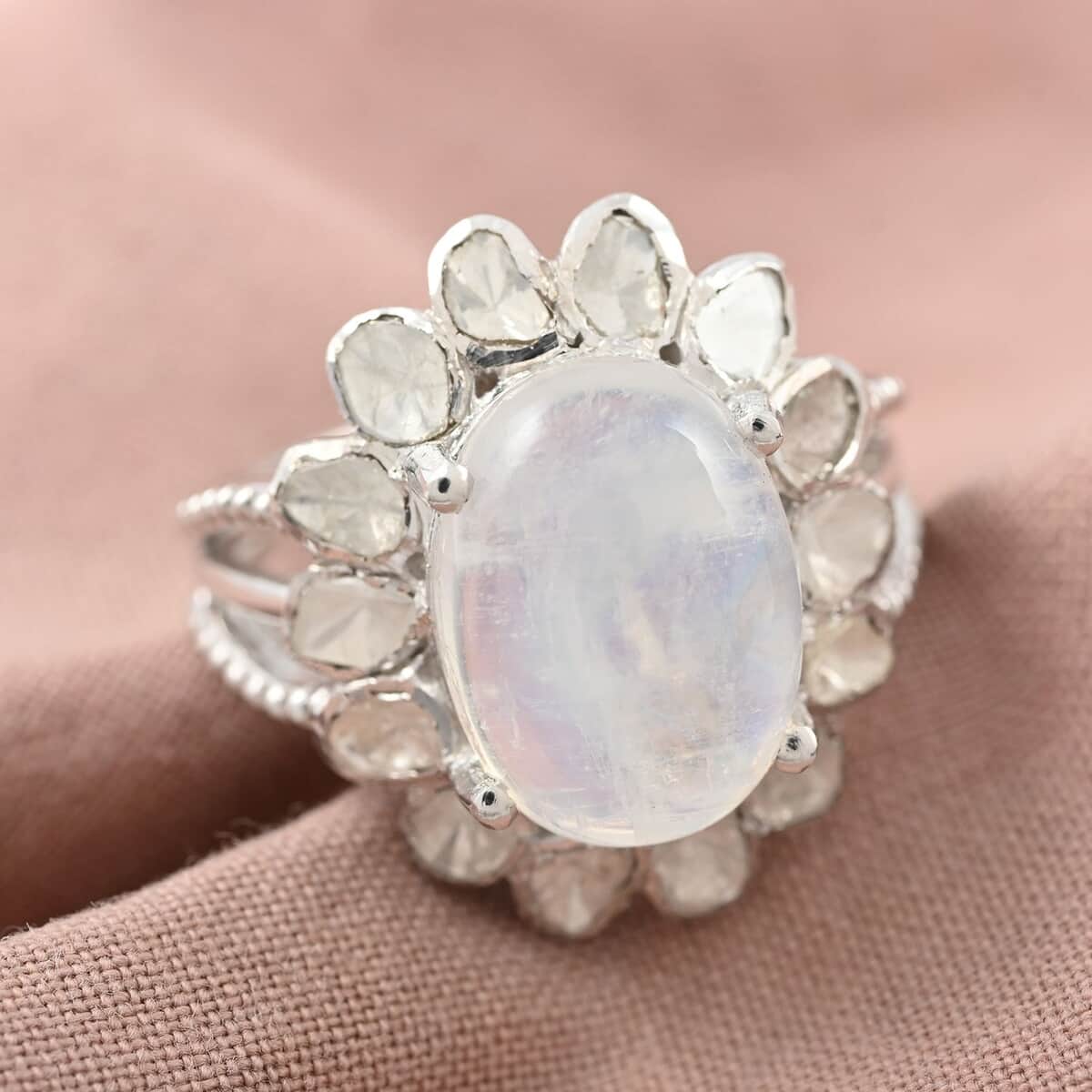 Doorbuster White Moonstone and Polki Diamond Flower Ring in Sterling Silver 7.10 Grams 8.30 ctw image number 1