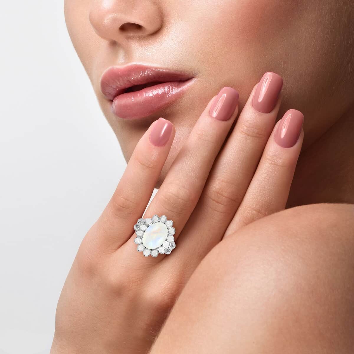 Doorbuster White Moonstone and Polki Diamond Flower Ring in Sterling Silver 7.10 Grams 8.30 ctw image number 2