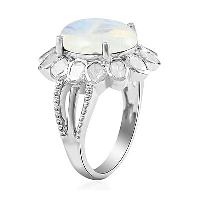 White Moonstone and Polki Diamond Flower Ring in Sterling Silver (Size 10.0) 7.10 Grams 8.30 ctw