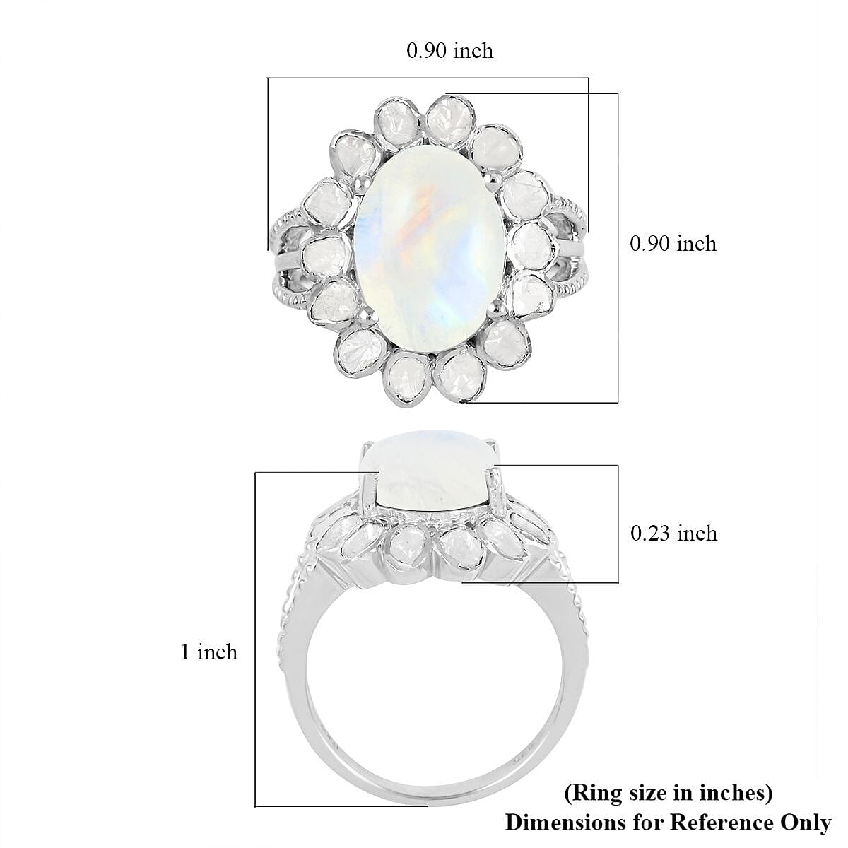 White Moonstone and Polki Diamond Flower Ring in Sterling Silver (Size 10.0) 7.10 Grams 8.30 ctw