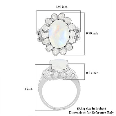 White Moonstone and Polki Diamond Flower Ring in Sterling Silver (Size 10.0) 7.10 Grams 8.30 ctw