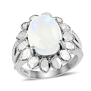 White Moonstone and Polki Diamond Flower Ring in Sterling Silver (Size 8.0) 8.30 ctw