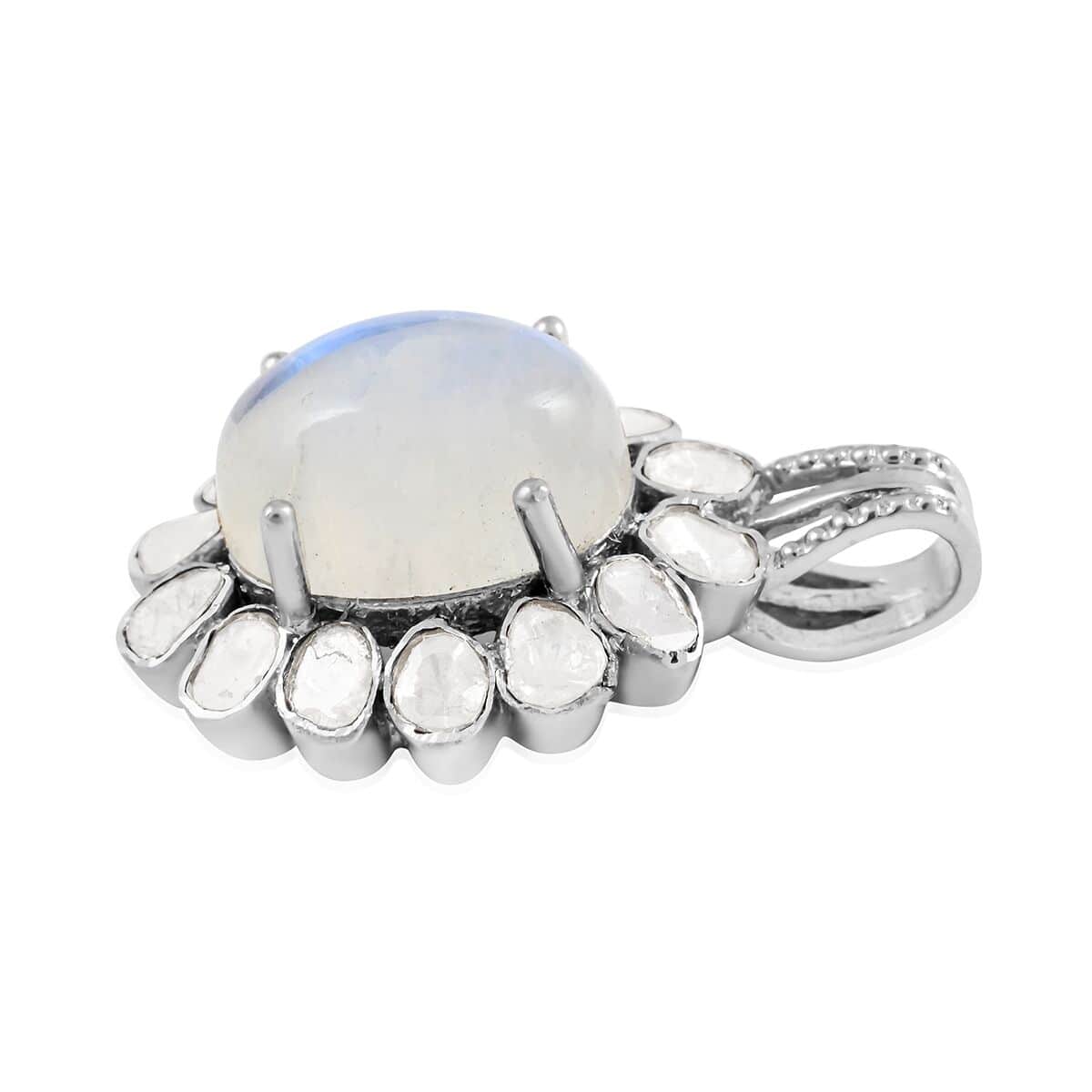 Doorbuster White Moonstone and Polki Diamond Flower Pendant in Sterling Silver 8.30 ctw image number 3