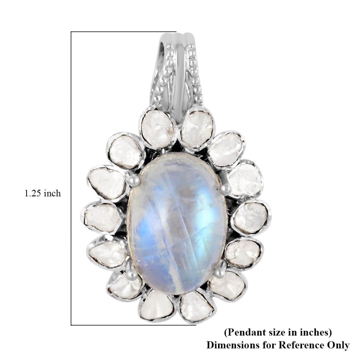 Doorbuster White Moonstone and Polki Diamond Flower Pendant in Sterling Silver 8.30 ctw image number 4