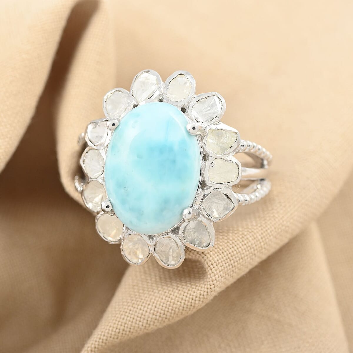 Larimar and Polki Diamond Flower Ring in Sterling Silver (Size 7.0) 8.30 ctw image number 1