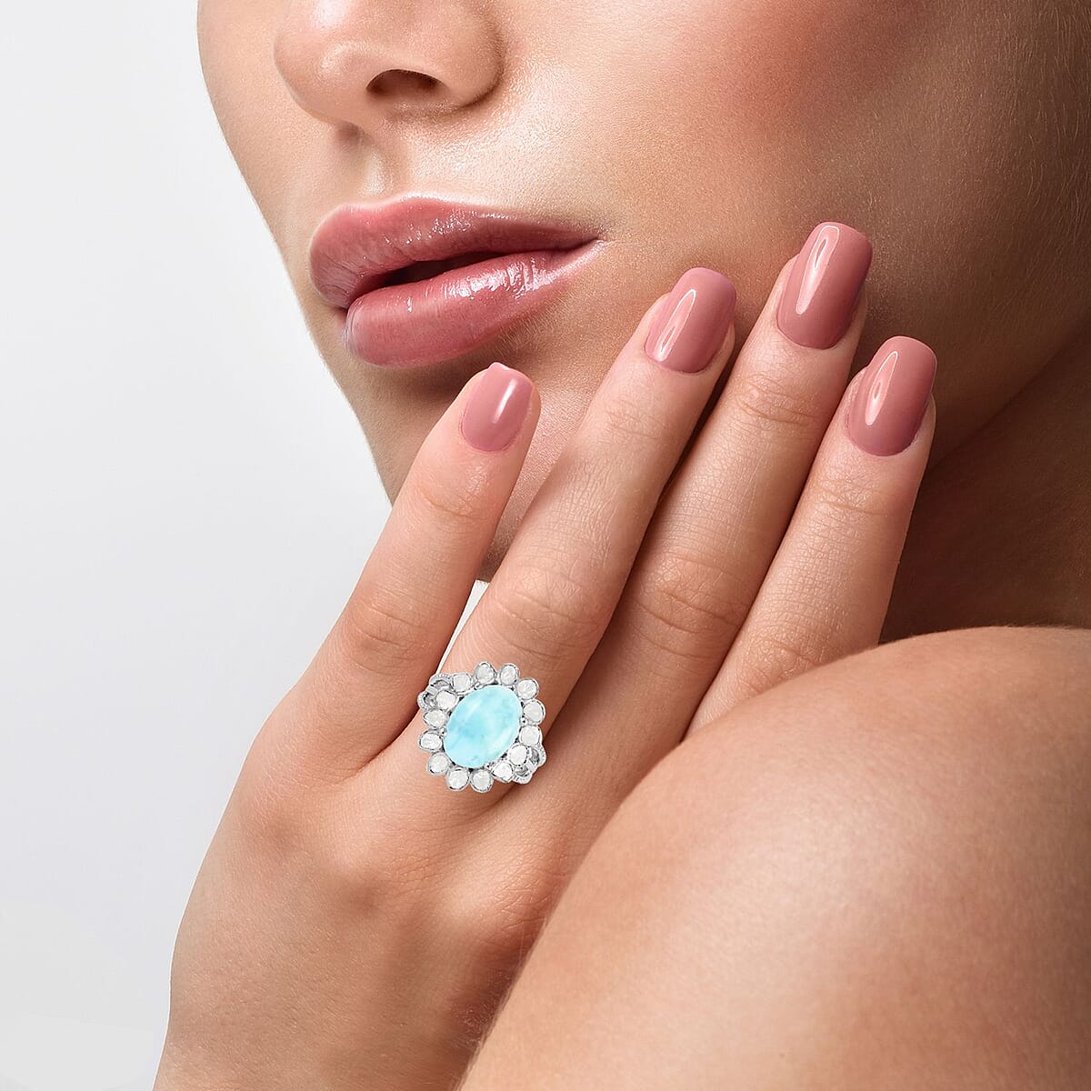Larimar and Polki Diamond Flower Ring in Sterling Silver (Size 7.0) 8.30 ctw image number 2
