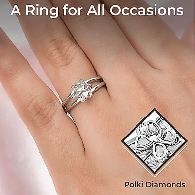 Natural Uncut Polki Diamond 0.25 ctw Floral Ring in Sterling Silver, Flower Jewelry, Diamond Gift For Her (Size 10.00)