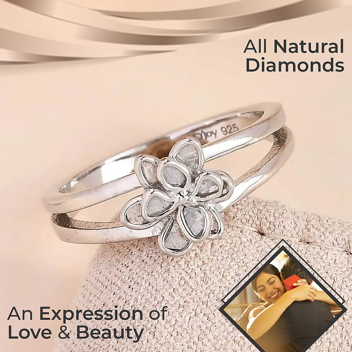 Natural Uncut Polki Diamond 0.25 ctw Floral Ring in Sterling Silver, Flower Jewelry, Diamond Gift For Her (Size 9.00) image number 1